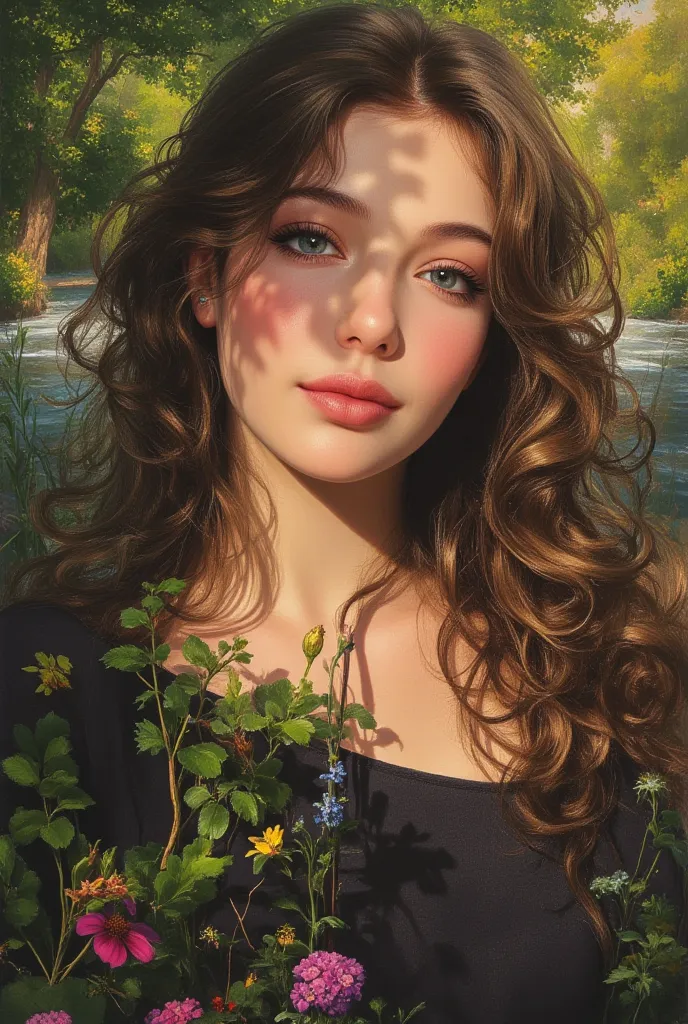 a girl fishing by a spring creek, beautiful detailed eyes, beautiful detailed lips, extremely detailed eyes and face, long eyelashes, big smile, big breast, sitting on the riverbank, fishing rod in hand, idyllic countryside landscape, lush green foliage, f...