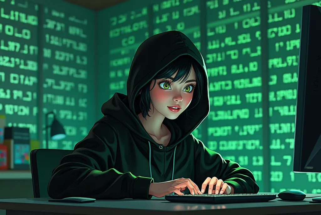 A young hacker in her eyes is the sign of weight $ dressed as a hacker with a black hood, with his computer ,  in your room, And green digital letters,. animated style with a Pixar twist. 