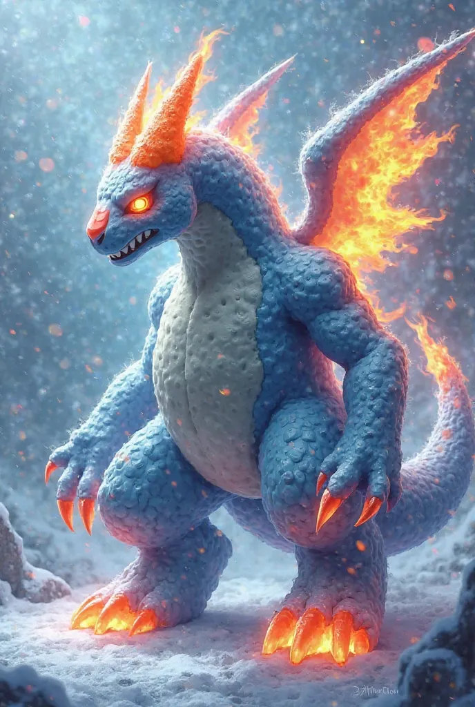 Create Pokémon Frozirno's appearance can be described as follows:

Body: His body is large and robust, with a base covered by a layer thick translucent ice that reflects light, creating a shimmering effect. The ice sheet seems almost solid, but in some par...