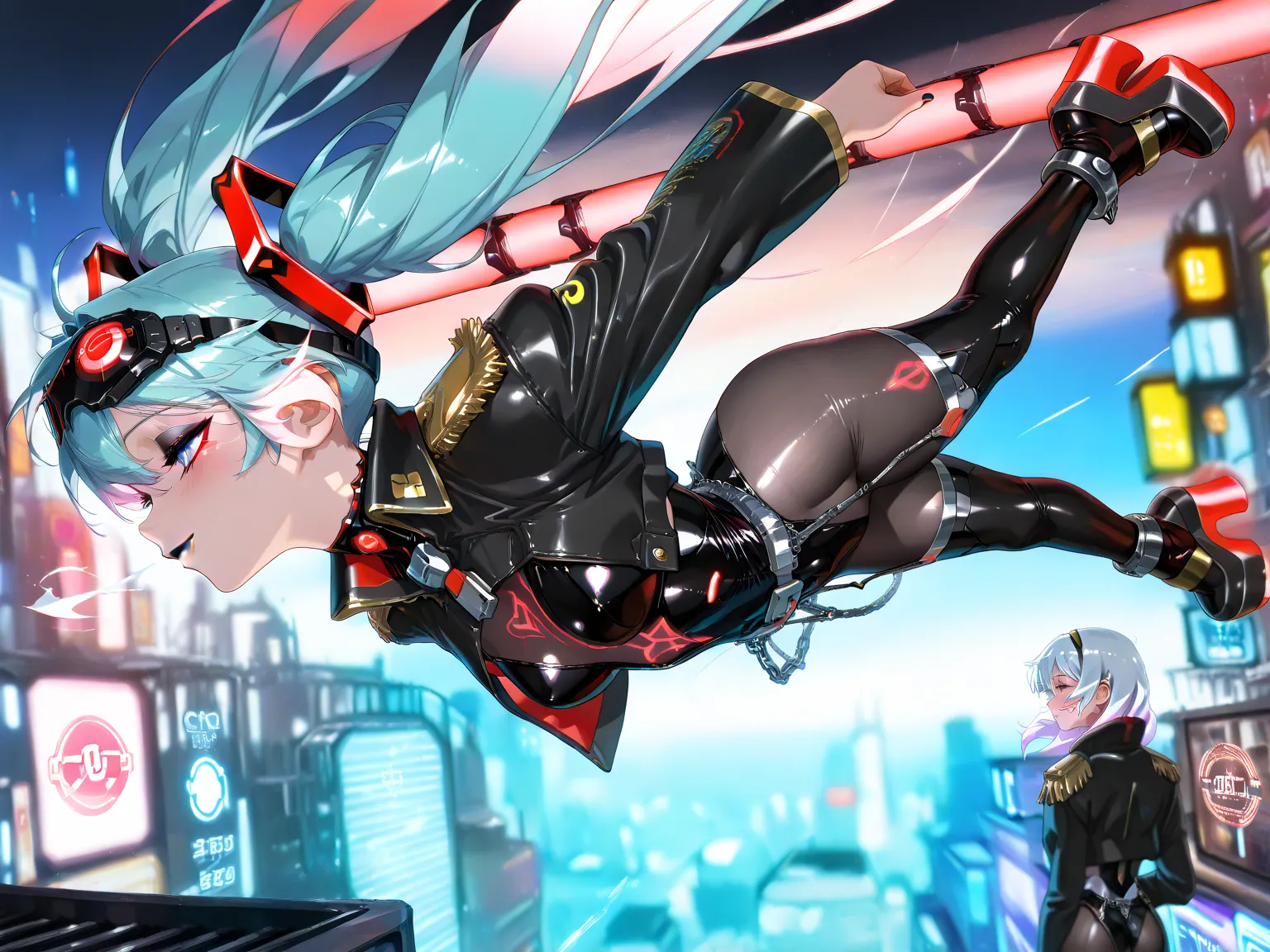 Hatsune Miku, (incredible high resolution, masterpiece, top quality, highly detailed, CG, high quality anime drawing), (cyber-inspired villain costume, design combining futuristic and demonic elements, cropped jacket with metallic sheen and epaulettes, bla...