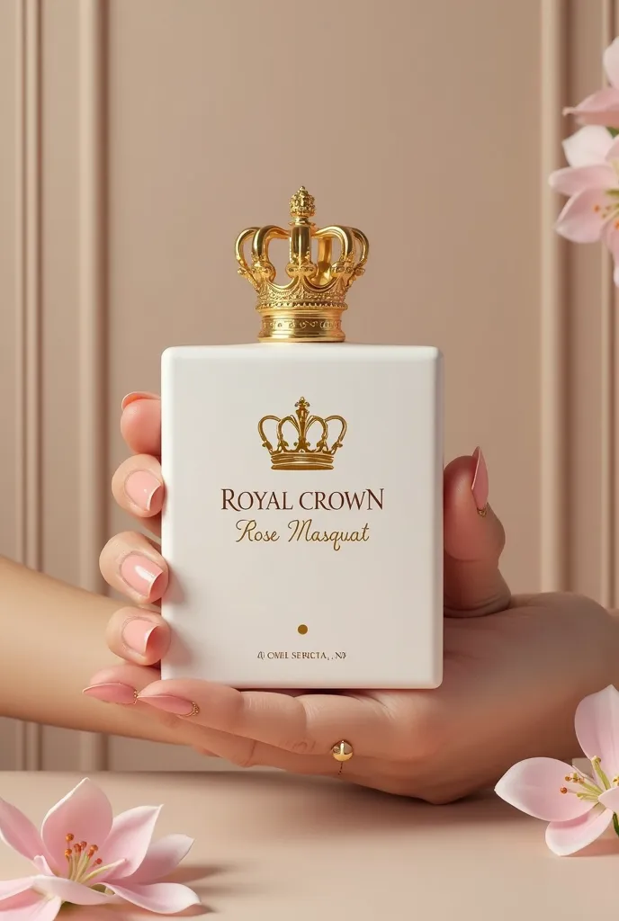 A woman's hand with a light pink manicure holding a white perfume box with royal crown rose masquat written in gold letters against a background of beige wallpaper