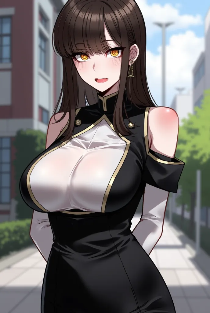 Create me an image in the Korean manwha fanart anime style with a 20-year-old woman with dark brown eyes and a lot of rebellious long brown hair with bangs with a serious expression with a very voluptuous body with big breasts,  with an elegant fitted blac...