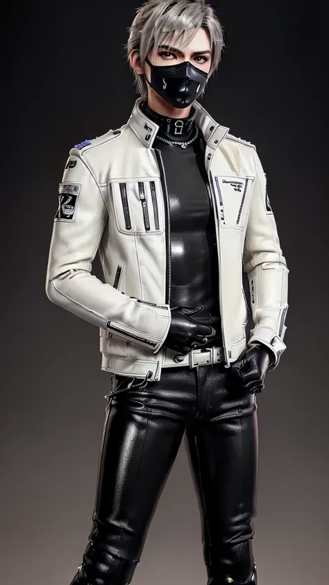 ((Final fantasy taste and reality graphics)), (((very cool and good looking young cute Japanese  boy))), his age is early 20s, thin eyebrows and beady eyes,  (((((he wearing very thick and heavy cream white color leather, single-brest and double zipper jac...