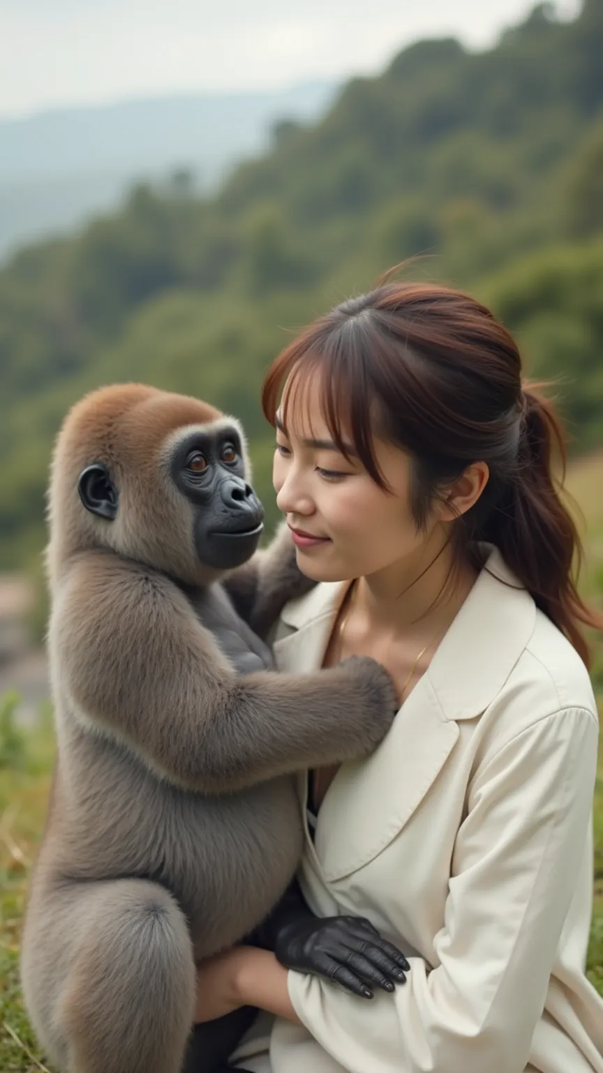 「the scene where the woman wearing a white dress interacts with her pet gorilla。The woman treats the gorilla in a friendly manner with a gentle expression、The gorilla gently snuggles up to her。 has a natural landscape in the background 、the woman's clothes...