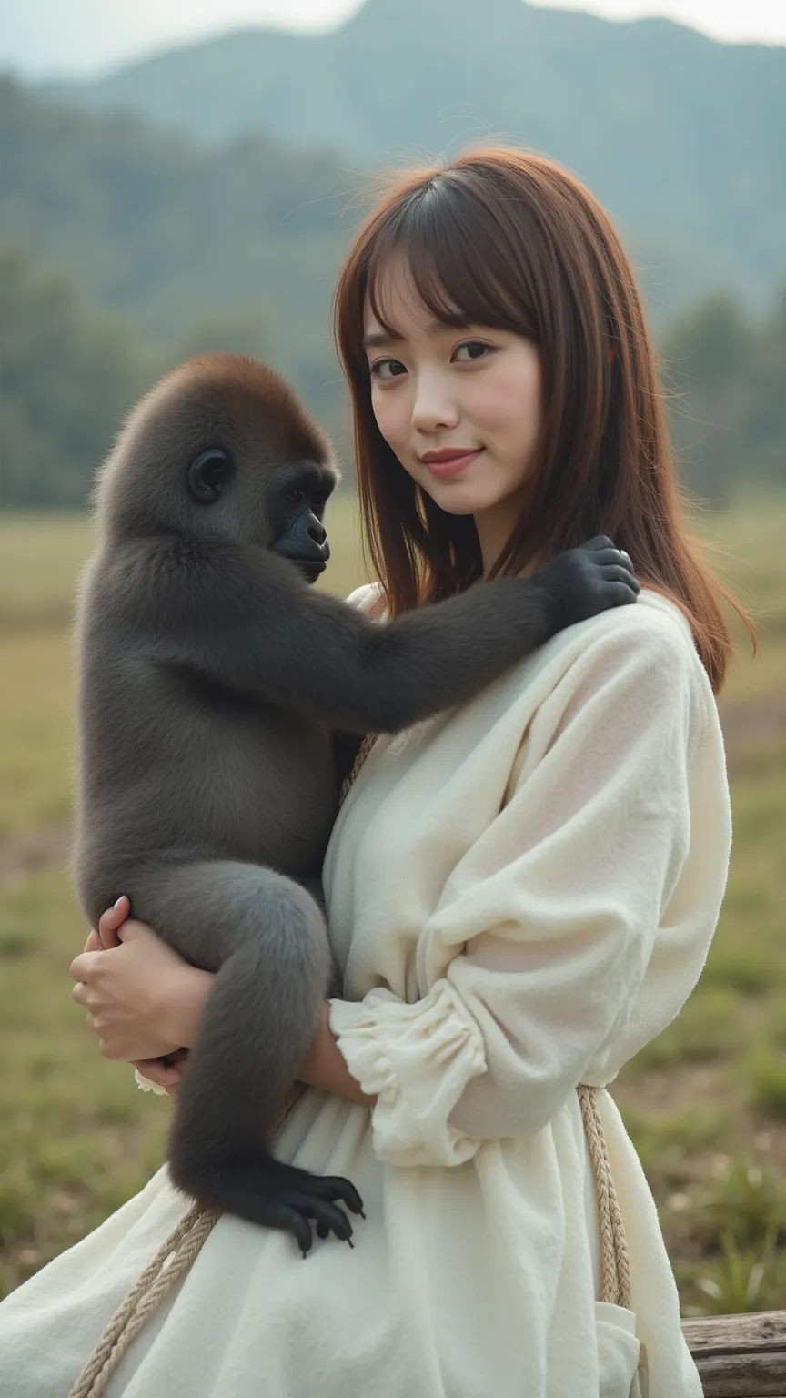 「the scene where the woman wearing a white dress interacts with her pet gorilla。The woman treats the gorilla in a friendly manner with a gentle expression、The gorilla gently snuggles up to her。 has a natural landscape in the background 、the woman's clothes...