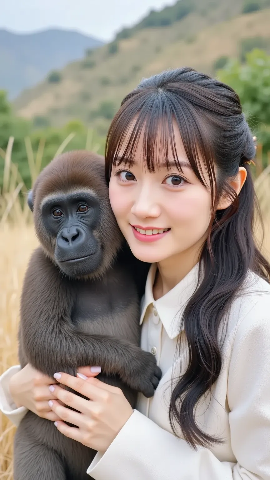 「the scene where the woman wearing a white dress interacts with her pet gorilla。The woman treats the gorilla in a friendly manner with a gentle expression、The gorilla gently snuggles up to her。 has a natural landscape in the background 、the woman's clothes...