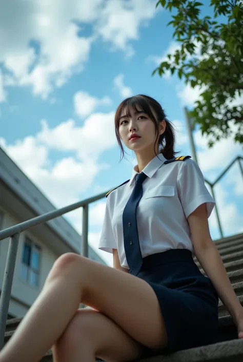 Sexy beautiful Japanese woman, a self defense officer uniform, wearing a white short-sleeved shirts, navy blue tie, navy blue pencil skirt, Black patent high heels, beautiful hip-line, Beautiful thighs, solo, sitting, blue sky, daytime, clouds, outdoors, u...