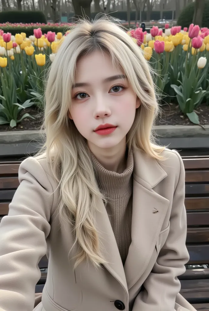  A fair-skinned young woman , about 20 years old, with platinum and wavy blonde hair, has natural and realistic expressions on the face. She is sitting on an elegant wooden bench in Keukenhof, In the Netherlands, a park filled with vibrant fields of colorf...