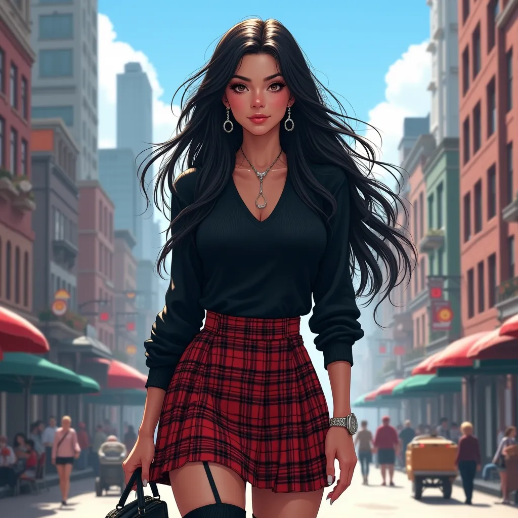 masterpiece, best quality, absurdres, highres, newest, 1girl, solo, dslblk, brown eyes, black hair, long hair, bangs, large breasts, earrings, necklace, black sweater, black coat, coat on shoulders, black skirt, high-waist skirt, plaid skirt, wristwatch, b...