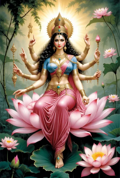 Hindu crowned Goddess Gayatri sitting full body on a lotus with four heads, wearing a pink saree, blue blouse, multiple arms, holding different weapons in hands