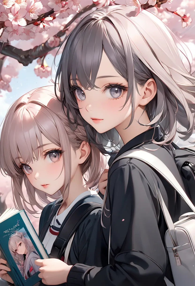 anime couple with book and book bag in front of cherry tree, kawacy, kawaii realistic portrait, anime girls, two beautiful anime girls, anime realism style, anime style 4 k, makoto shinkai and artgerm, beautiful anime high school girl, beautiful anime styl...