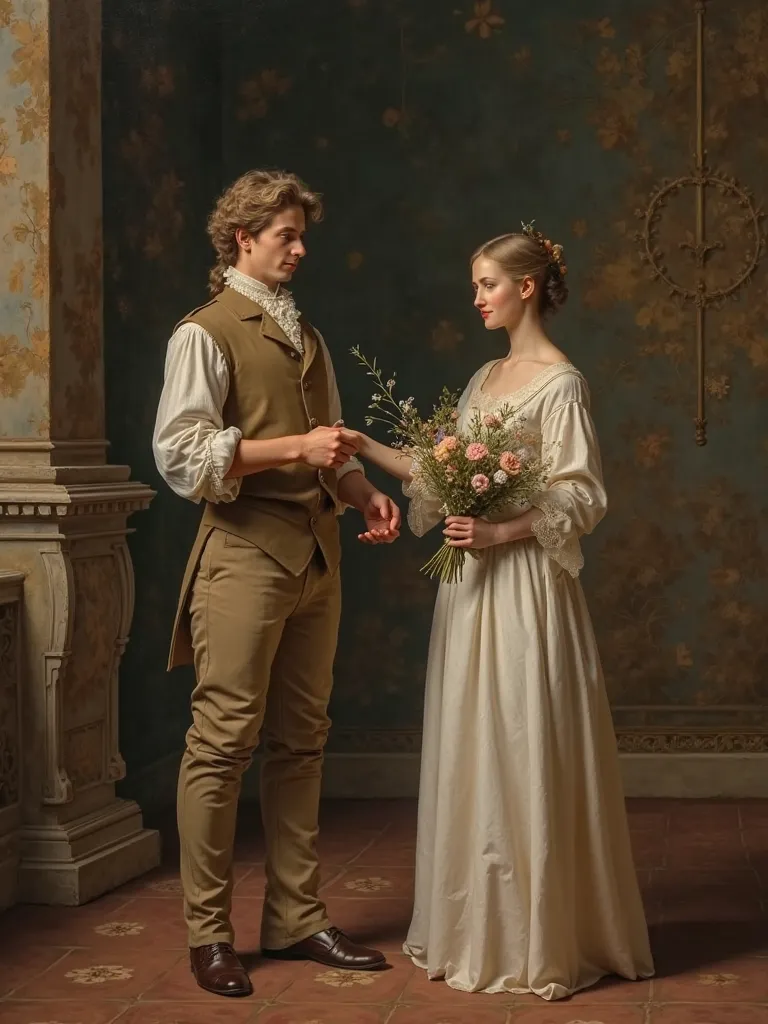 There is a painting of a man and woman, memes, best detail, best quality, cartoo , 3DMM, the image is set in the classical era, The woman is in front of the man who is behind her, carries a small bouquet of flowers in one hand and with the other she is tak...