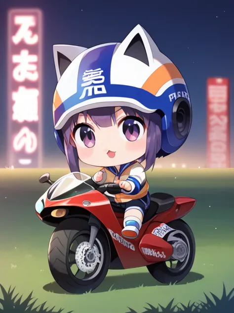 score_9, score_8_ up, score_7_ up, score_6_ up,  source_anime break，nsfw，fisheye lens，Low body，Toddler figure ， chibi，flat chest，dramatic scene，shadow，motorcycle，does graceful high-speed cornering on a racing bike, (She、I'm driving a Yamaha racing bike YZF...