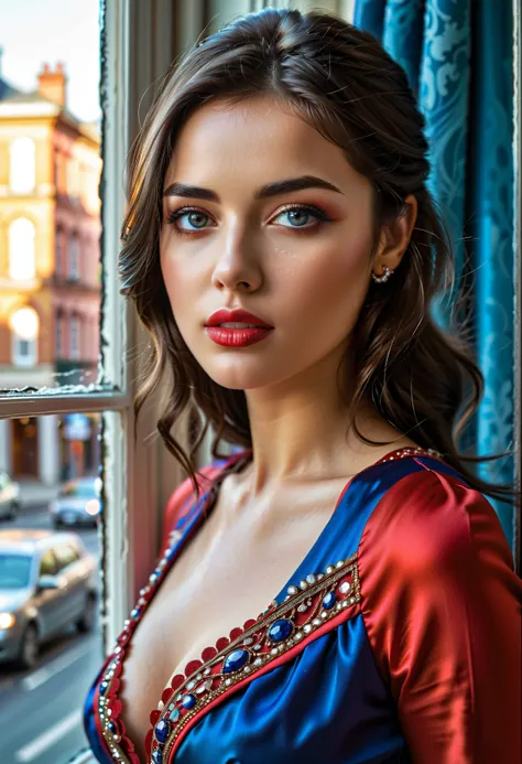 (highest quality, 4K, 8k, high resolution, Artwork: 1.2), (super detailed, realistic, Fotorrealistic:1.37)A young woman,  captivating , wears a striking red/blue ensemble, stands in front of a window with an aura of toughness and determination.  your charm...