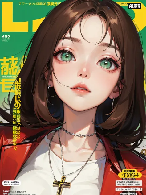 anime girl, cross necklace, long dark hair with white bangs, detailed, magazine cover, coat, green eyes, septum
