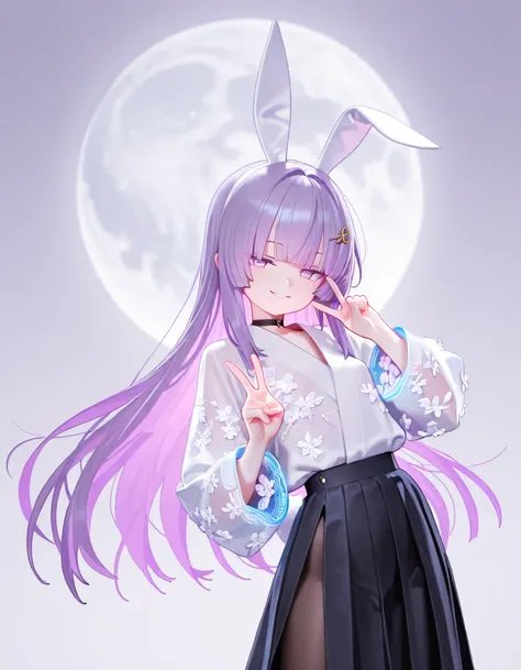 1girl, lavender eyes, jitome(0.5), black straight Hair, lavender gradiant hair, straight bangs, hime cut, rabbit tail, rabbit ears, meduim Breast, office suit, long skirt, pleated skirt, Hologram cover, flower pettern clothes, oriental decoration, Choker, ...