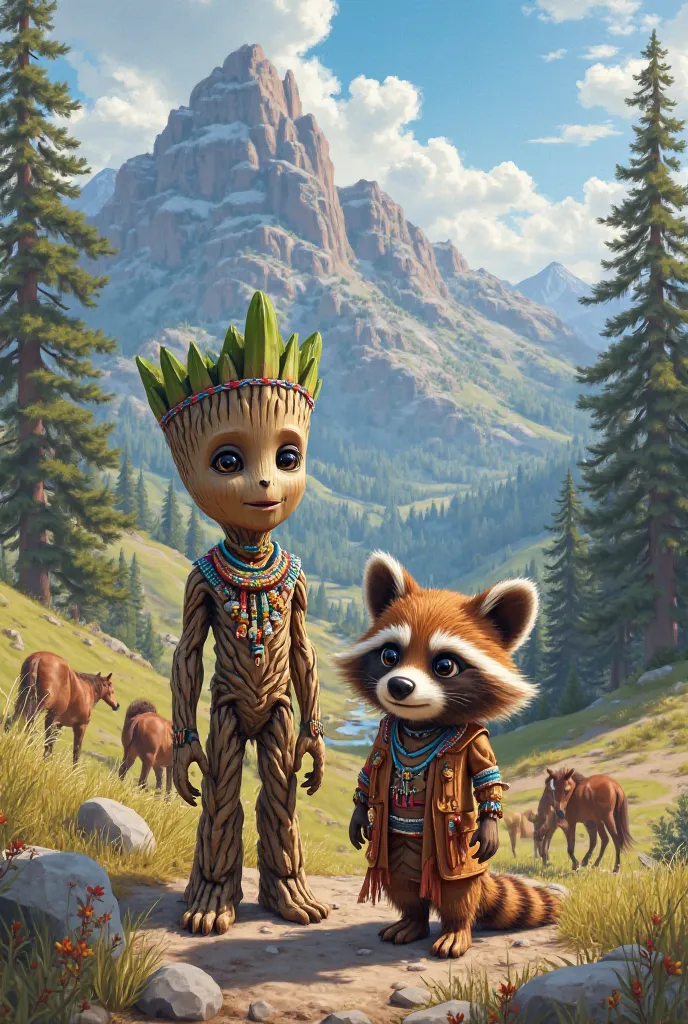 

Draw me baby groot and baby raccon who are in Colorado with horses,  They are dressed in Indian 