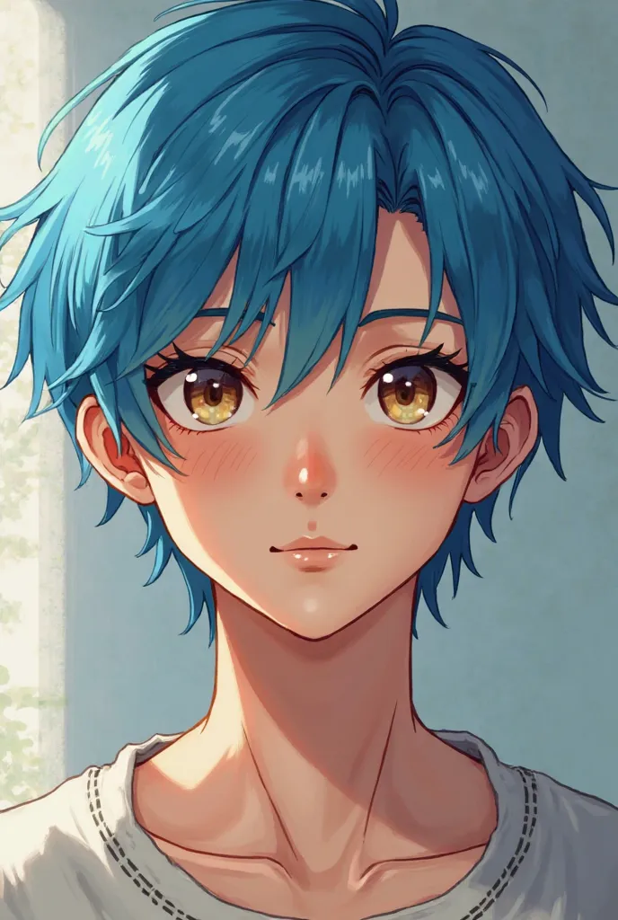 A 24-year-old boy with blue hair and brown eyes 