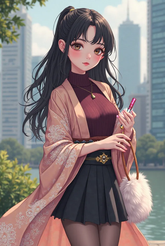 Korean webtoon style,A delicate young woman with fair, radiant skin and soft, harmonious facial features. She has deep, dark eyes with a calm and mysterious gaze, framed by long, wavy black hair with natural curls and gentle bangs covering her forehead. He...