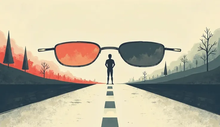 A stick figure at a crossroads with two pairs of glasses: looking back through rose-tinted glasses showing a beautiful landscape, looking forward through darkened glasses showing a barren path