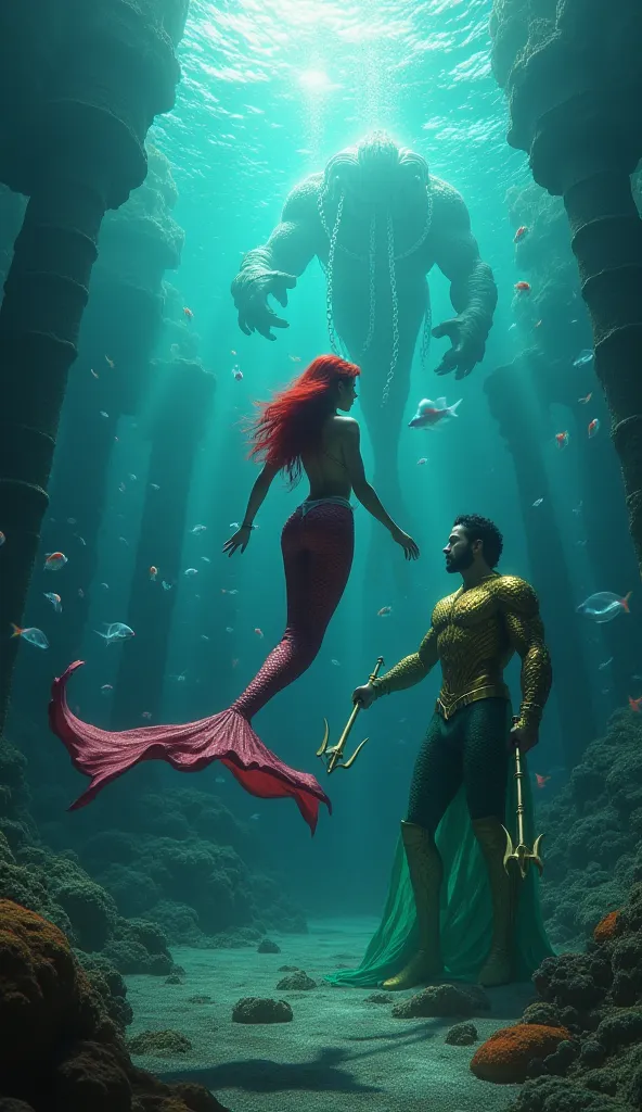 Ultra-detailed 8K underwater scene of Ariel (The Little Mermaid) in her seashell bikini and flowing crimson tail, swimming alongside Aquaman in his gold-green Atlantean armor. They confront a leviathan wrapped in ancient chains. Ariel holds a trident forge...