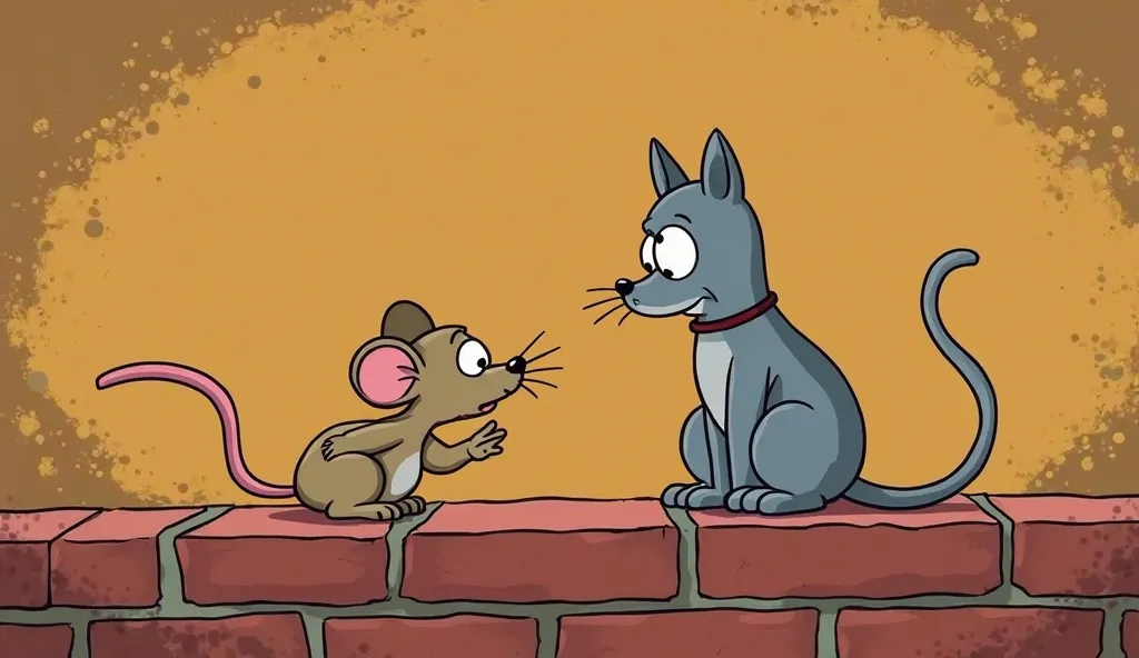 cartoon of a mouse and a cat on a brick wall, a cartoon inspired by Bill Watterson, tumblr, conceptual art, film still from an cartoon, screen cap, rubber hose animation, animated film still, animation film still, still frame from the simpsons, cartoon sti...