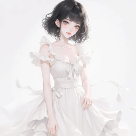 female character with soft and delicate facial features, round eyes, high cheekbones, smooth skin, black wavy bob haircut, light gray eyes, wearing an elegant white frilly dress with ribbons, fitted bodice, flowing skirt, slim waist, graceful and feminine ...