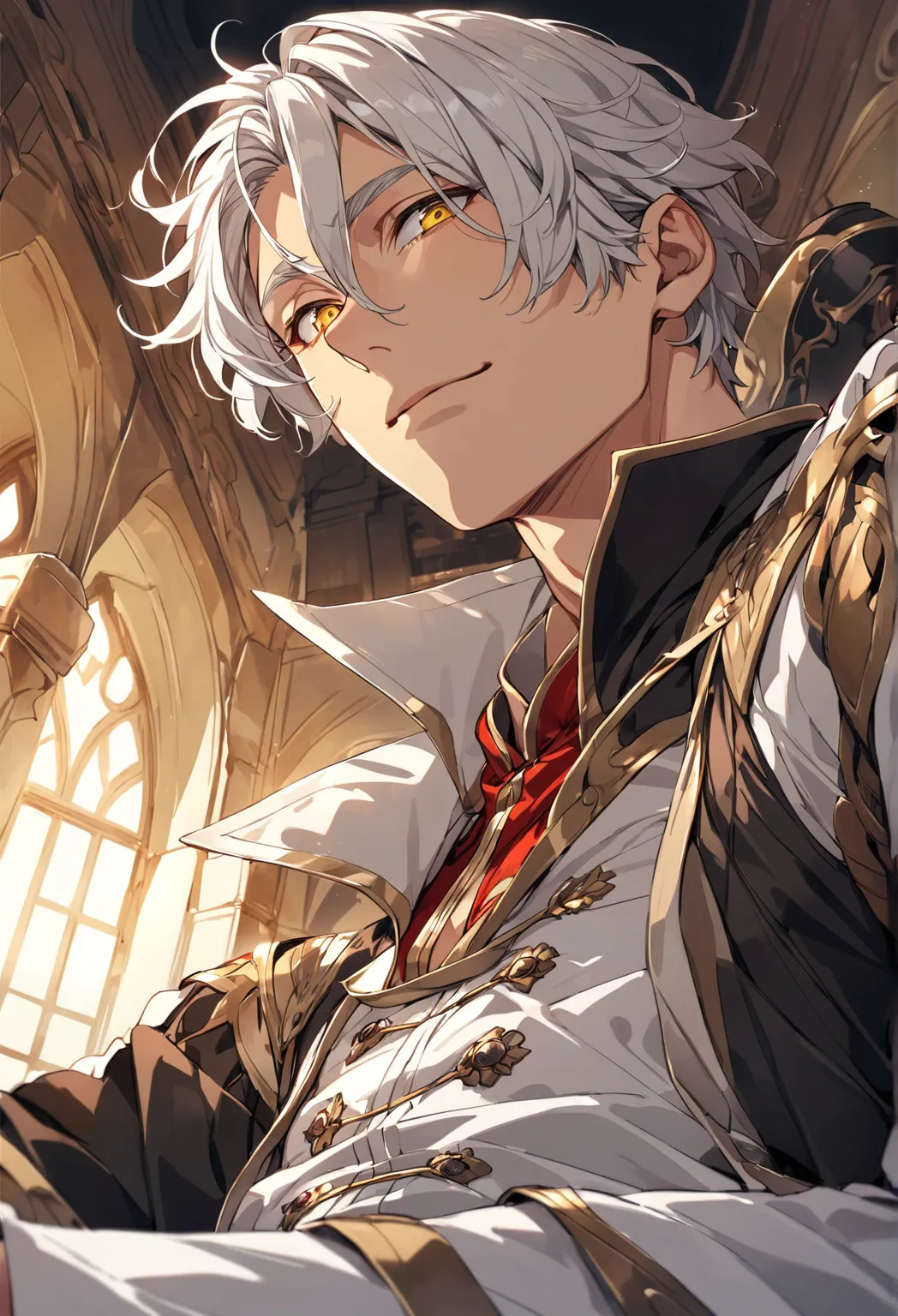 Mature and attractive man,  wide shoulders, male face, albino white hair , short hair, Prince period clothes ( perfect anatomy) dense and short hair, bright yellow eyes, perfect eyes,   detailed,  olhando, , Lying down, view from below