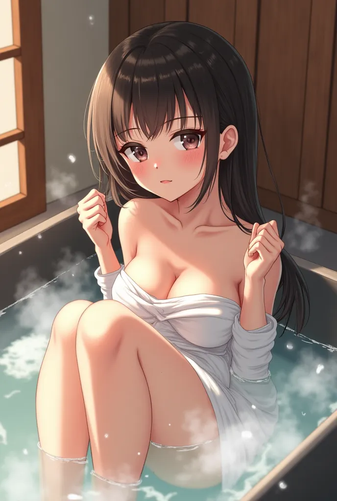 An anime girl in bath, only wear towel, 2 hands behind head