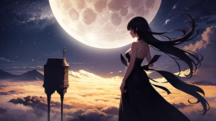 Top Quality,Big moon and shadow,A silhouette of a person can be seen against the backdrop of a large moon.,There is one full moon,There is a mood, beautiful scenery,starry sky