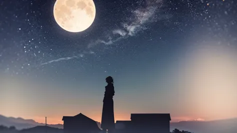 Top Quality,Big moon and shadow,A silhouette of a person can be seen against the backdrop of a large moon.,There is one full moon,There is a mood, beautiful scenery,starry sky