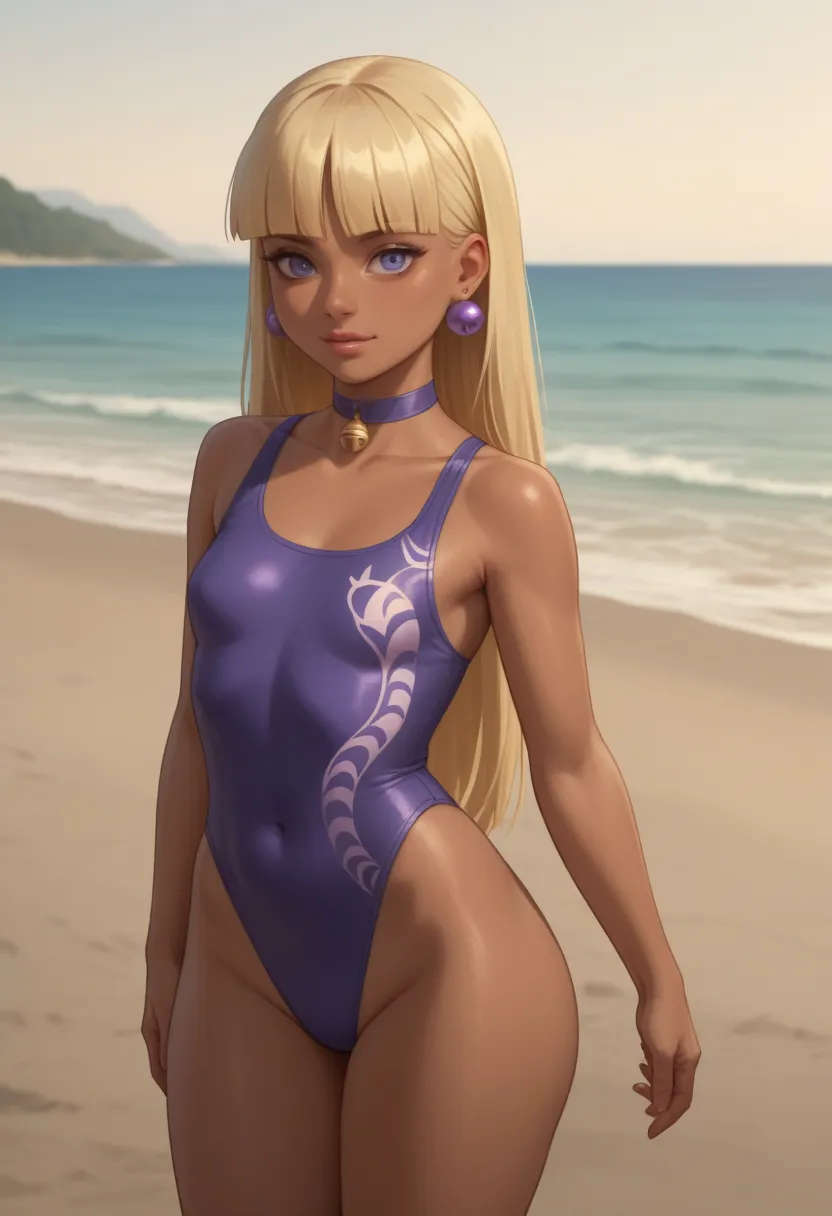 Pacifica Northwest. blond hair. small breasts. huge hips. thin body, long blond hair with bell-shaped bangs and dark blue eyes. She also has thick purple eye shadow and lavender ring earrings. choker.| flover print one-piece swimsuit. beach. dark tan