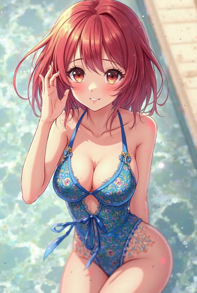 nakano miku feminine Her skin color is white Her hair color is reddish brown.She is wearing a blue swimsuit. 