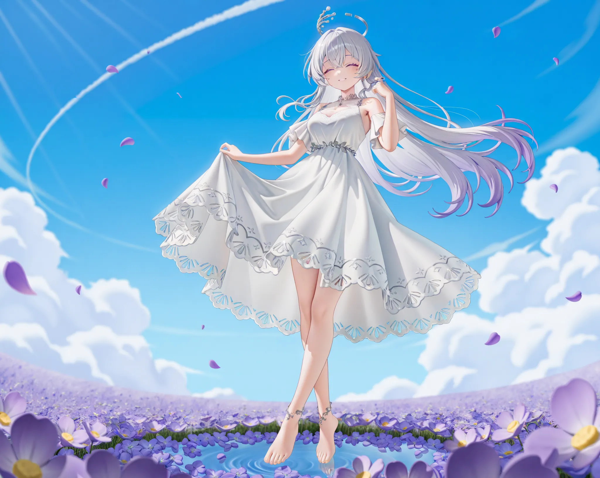 A girl spins at the center, feet in the foreground, with a flower field and blue sky as the backdrop.She smiles in bliss, eyes closed, immersed in the moment.Long, flowing silver curls, violet eyes, fair ankles.A billowing white lace dress, barefoot.Her fe...