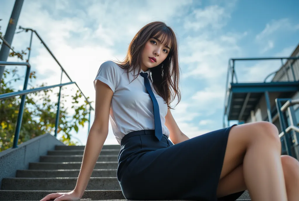 Sexy beautiful Japanese woman, a self defense officer uniform, wearing a white short-sleeved shirts, navy blue tie, navy blue pencil skirt, Black patent high heels, beautiful hip-line, Beautiful thighs, solo, sitting, blue sky,  clouds, outdoors, upward vi...