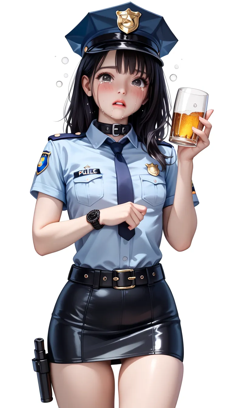 Beautiful Japanese Women from a Purple Perspective,( 1girl :1.5),(slender body:1.2),( small tits:1.0),( empty white background:1.7),(two-quarter sleeve police shirt with collar:1.2),(ultra mini police skirt:1.2),(black leather equipped police belt:1.5),rea...