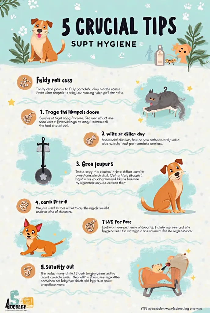 Create a poster of 5 important tips to maintain your pet's hygiene 