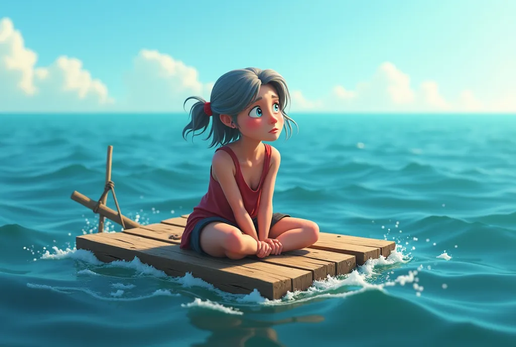 A 50-year-old lady is wet and scared, She is sitting on 3 wooden planks floating in the middle of the sea. animated style with a Pixar twist. 