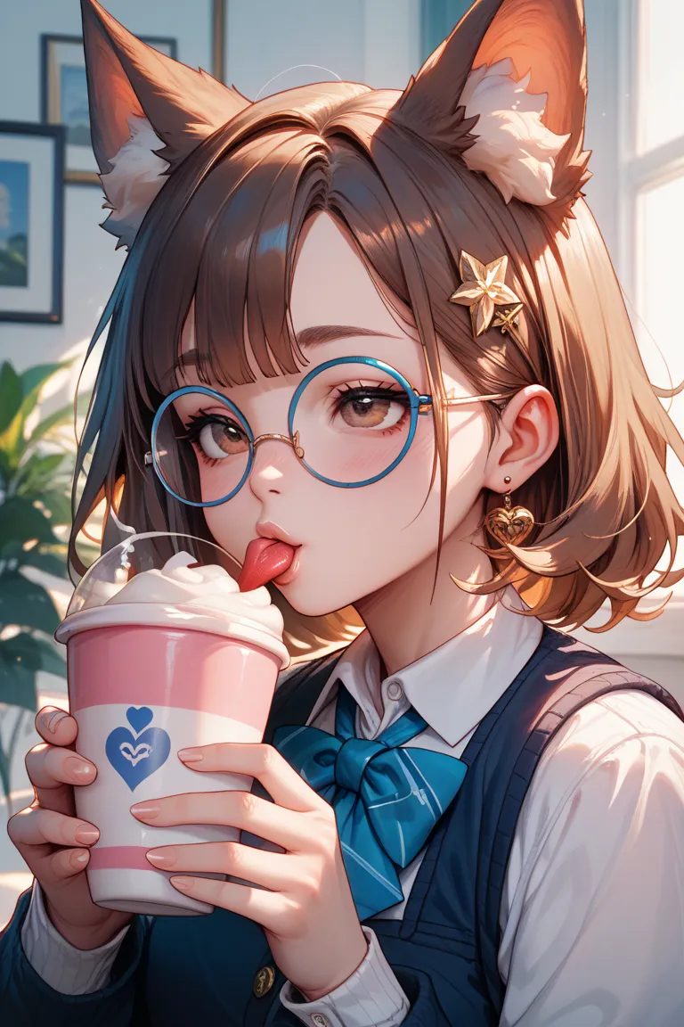 Please write about a bright high school girl who is 151 cn tall, has brown, fluffy, brown eyes, blue round glasses, D cup kisses, and a magical bright high school girl