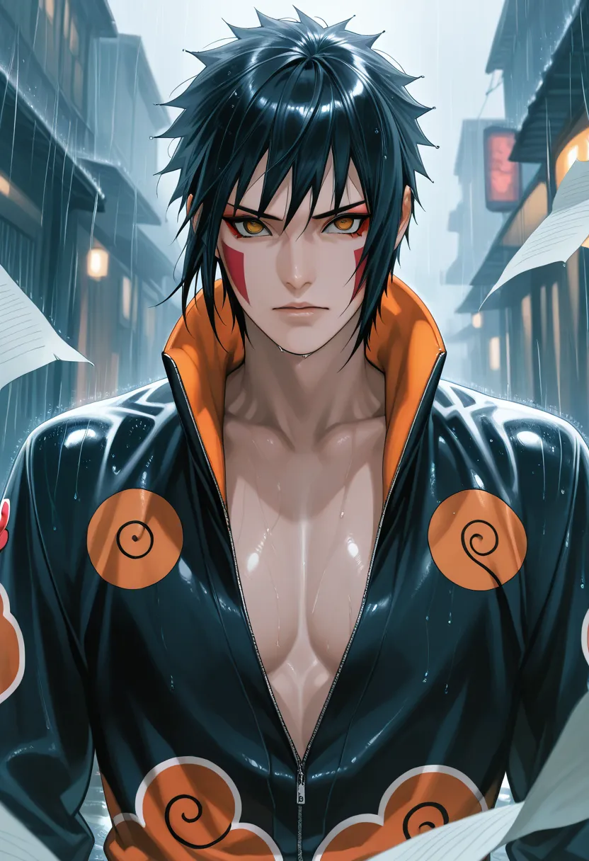 realistic,score_9, score_8_up, score_7_up, break,
Xiaonan ( Naruto), 1人of女of子, Alone, chest,   yellow_eye, of upper part of the body_body, looking at_To_of_side, Makeup, zipper, rain, paper, nose,  Open clothes, paper ninjutsu, upper body,  akatsuki costum...