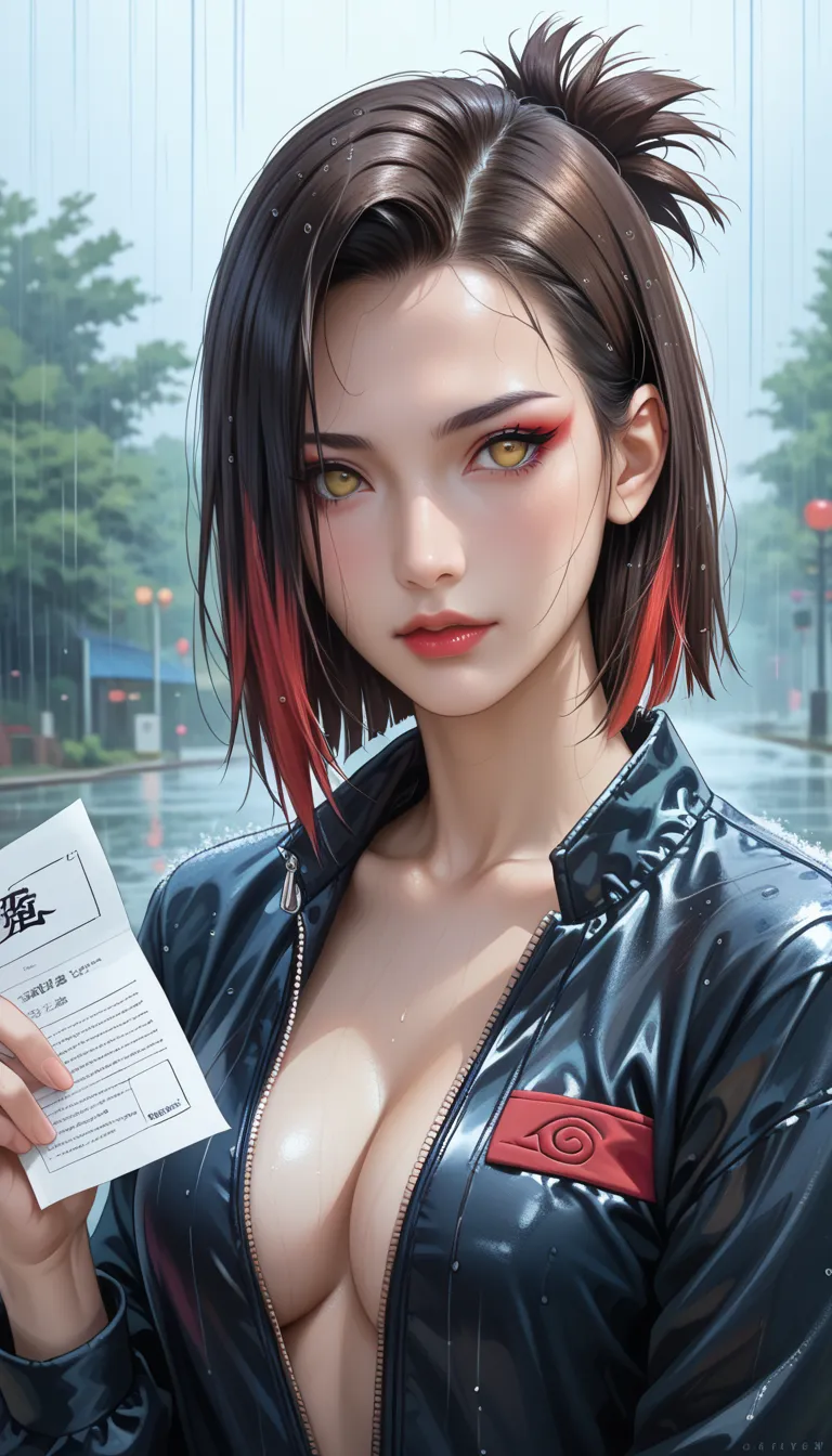 realistic,score_9, score_8_up, score_7_up, break,
Xiaonan ( Naruto), 1人of女of子, Alone, chest,   yellow_eye, of upper part of the body_body, looking at_To_of_side, Makeup, zipper, rain, paper, nose,  Open clothes, paper ninjutsu, upper body,  akatsuki costum...