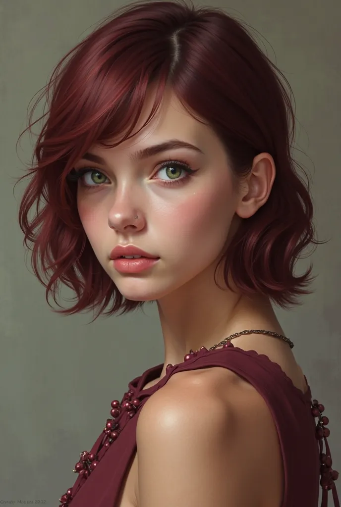 girl clothing size xl burgundy hair shoulder length green eyes,  portrait,  realistic , detailed skin and hair