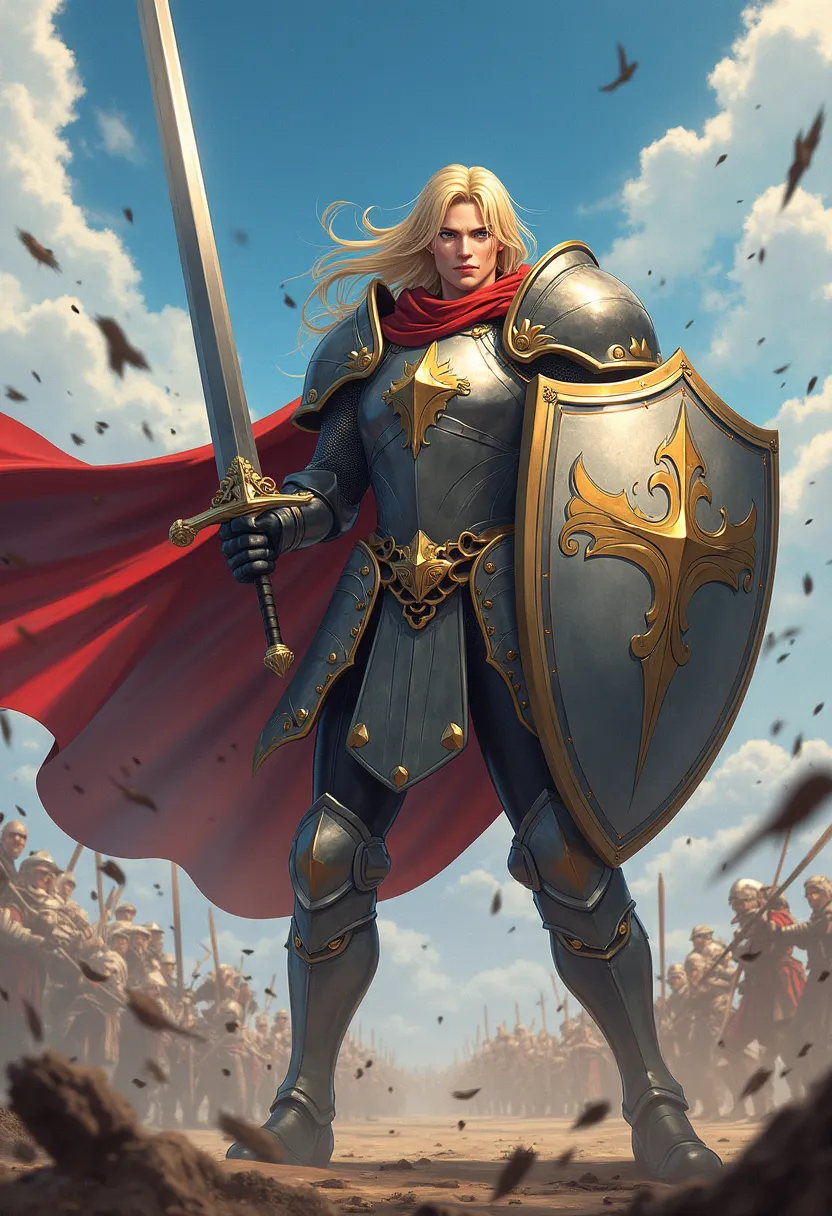 Caballero,anime,Long sword in the right hand, armor, blonde, big breasts, blue eyes ,  shield in the left hand , boots, swinging sword,