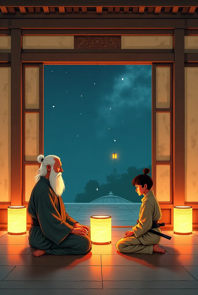 Hand-Drawn Storybook Illustration Prompt:
Inside a tranquil Zen temple, the soft glow of paper lanterns casts warm, flickering light onto the polished wooden floor. The old master, his long white beard flowing over his simple robe, sits cross-legged in dee...