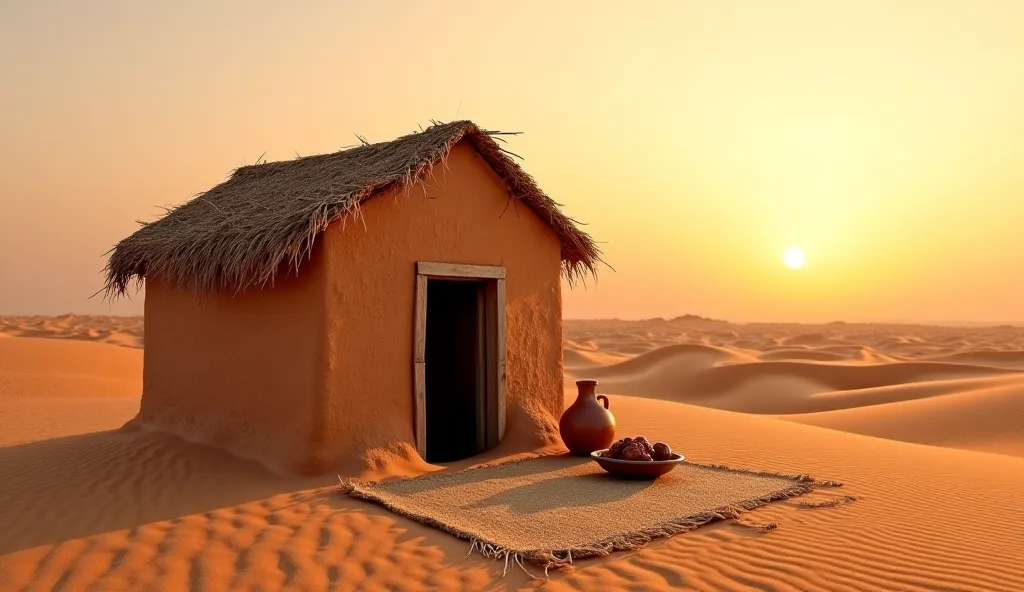 A small, simple mud-brick house in the vast Arabian desert. The house has a thatched roof, a wooden door slightly open, and a woven mat placed outside. A clay water jug and a bowl of dates sit nearby, symbolizing modesty and contentment. The soft glow of t...