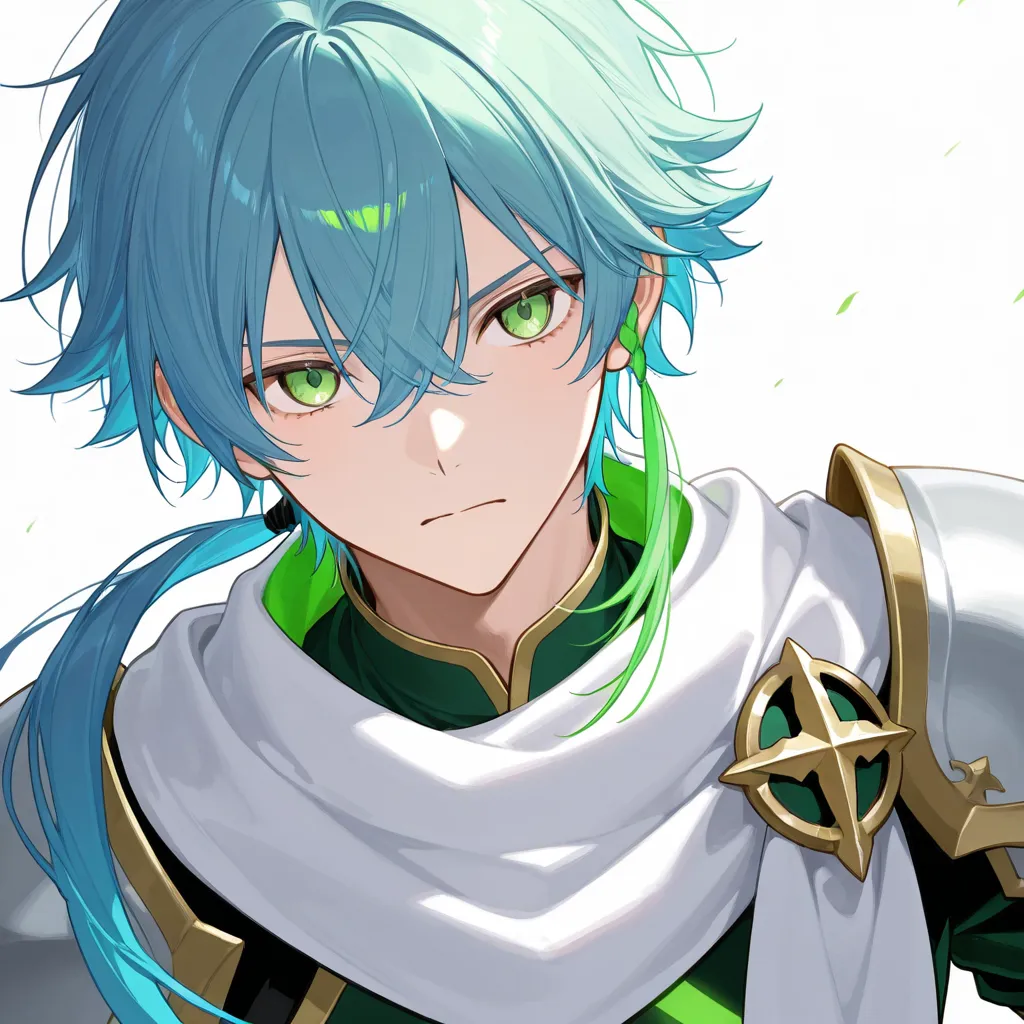  male　White cloth　white background　 youth　Single　blue hair　 green eyes　green highlight　Long　serious　Knight　long hair　Tie-up hair