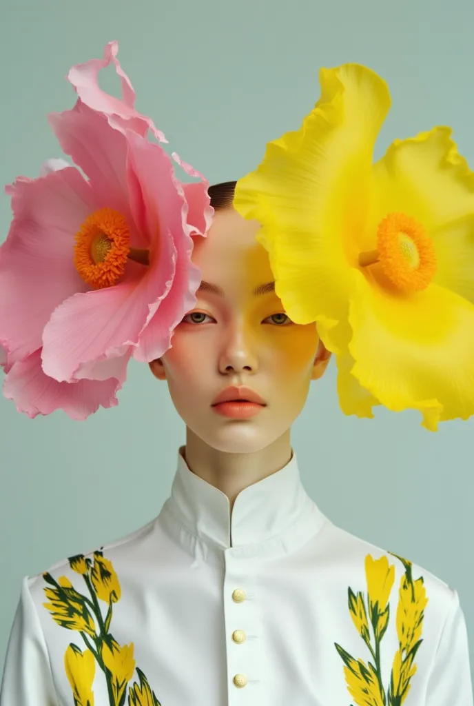 A surreal and elegant editorial portrait featuring a white blanck pale model with striking gold hair. The model is framed symmetrically with large, vivid giant hat that emerge from either side of her face, creating a striking contrast against her porcelain...