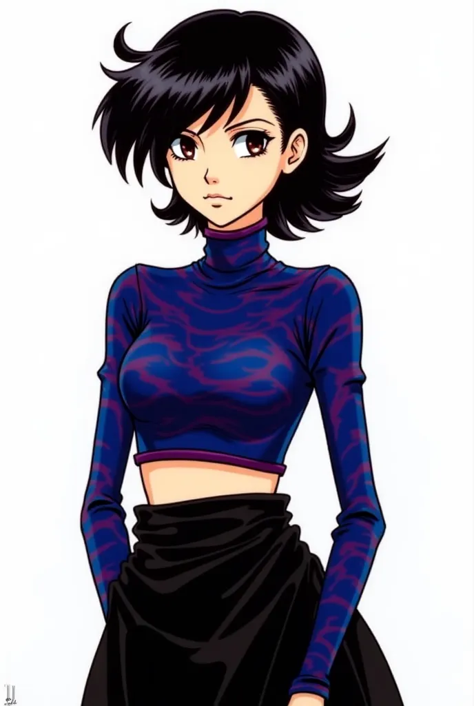 The character from the manga JoJo's Bizarre Adventure has a slender and feminine appearance, with flowing and asymmetrical features. The black, short knight with hazel eyes, which incorporates a mix of dark colors. The character wears a high-necked crop to...