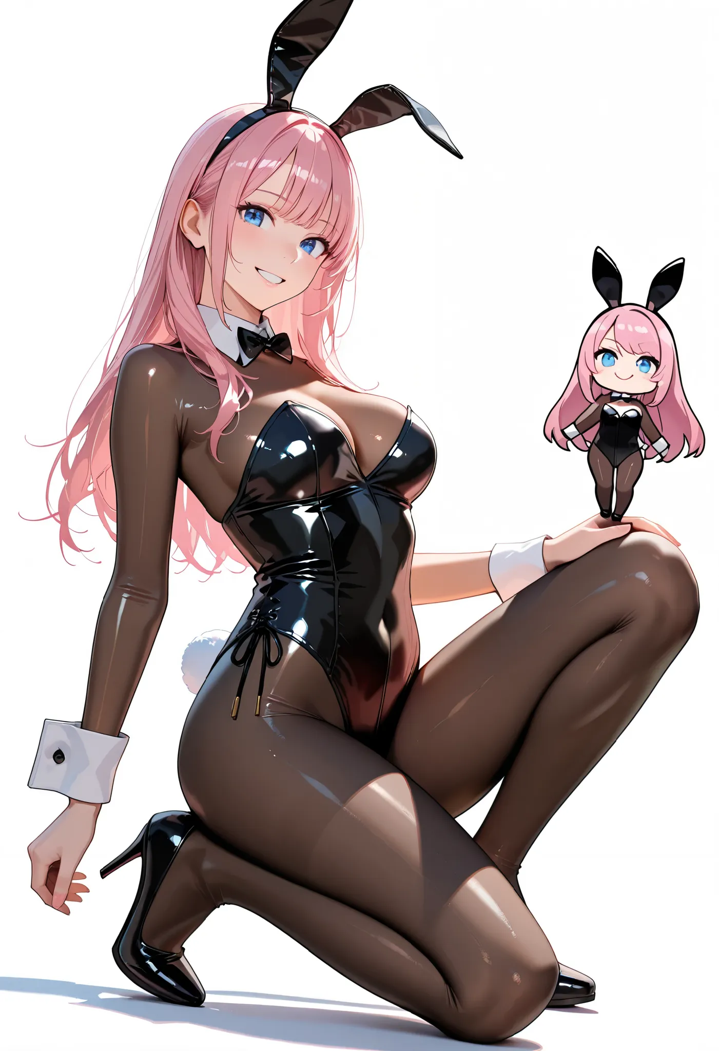  gets down on one knee、kneel、black tights、bunny girl,super realistic,high quality,Detailed,4K rendering,white studio background with,Smiling face,rabbit in a bodysuit,latex wearing a black enamel gloss bodysuit、Blue Eyes、 pink long hair,Attractive Posture,...