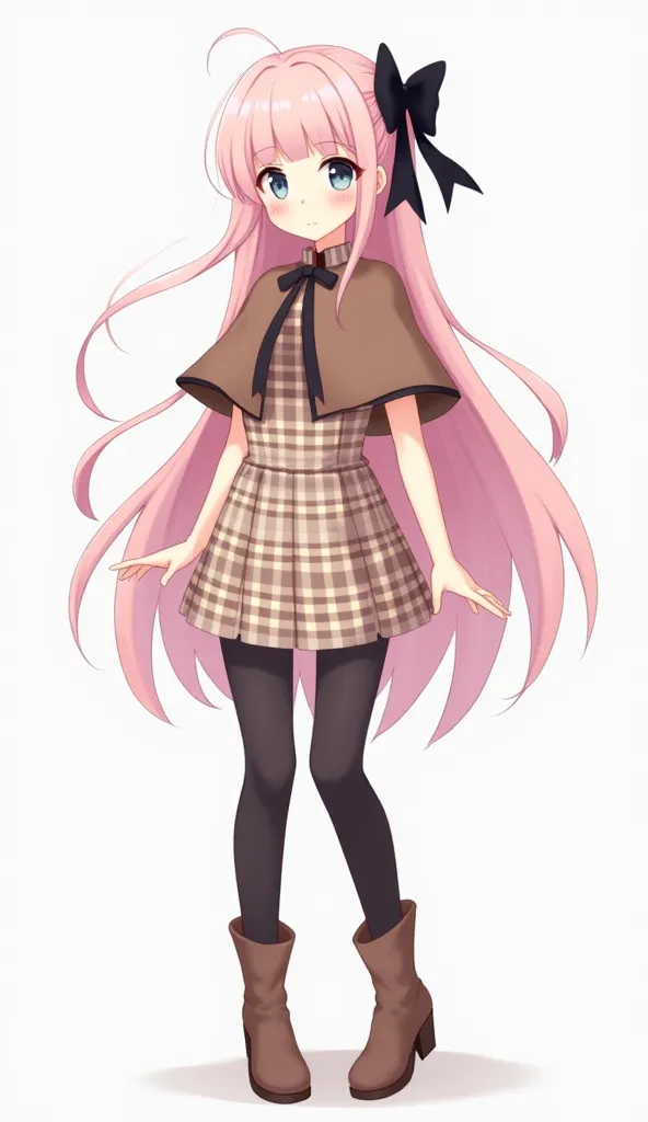 Cute anime girl, high quality, clear lines,  Masterpiece , long soft pink hair, black bow on the side of the hair, gray-blue eyes, soft brown short shoulder cape, soft brown dress, checkered pattern,  dark tights , high heel boots, full length,  Reference